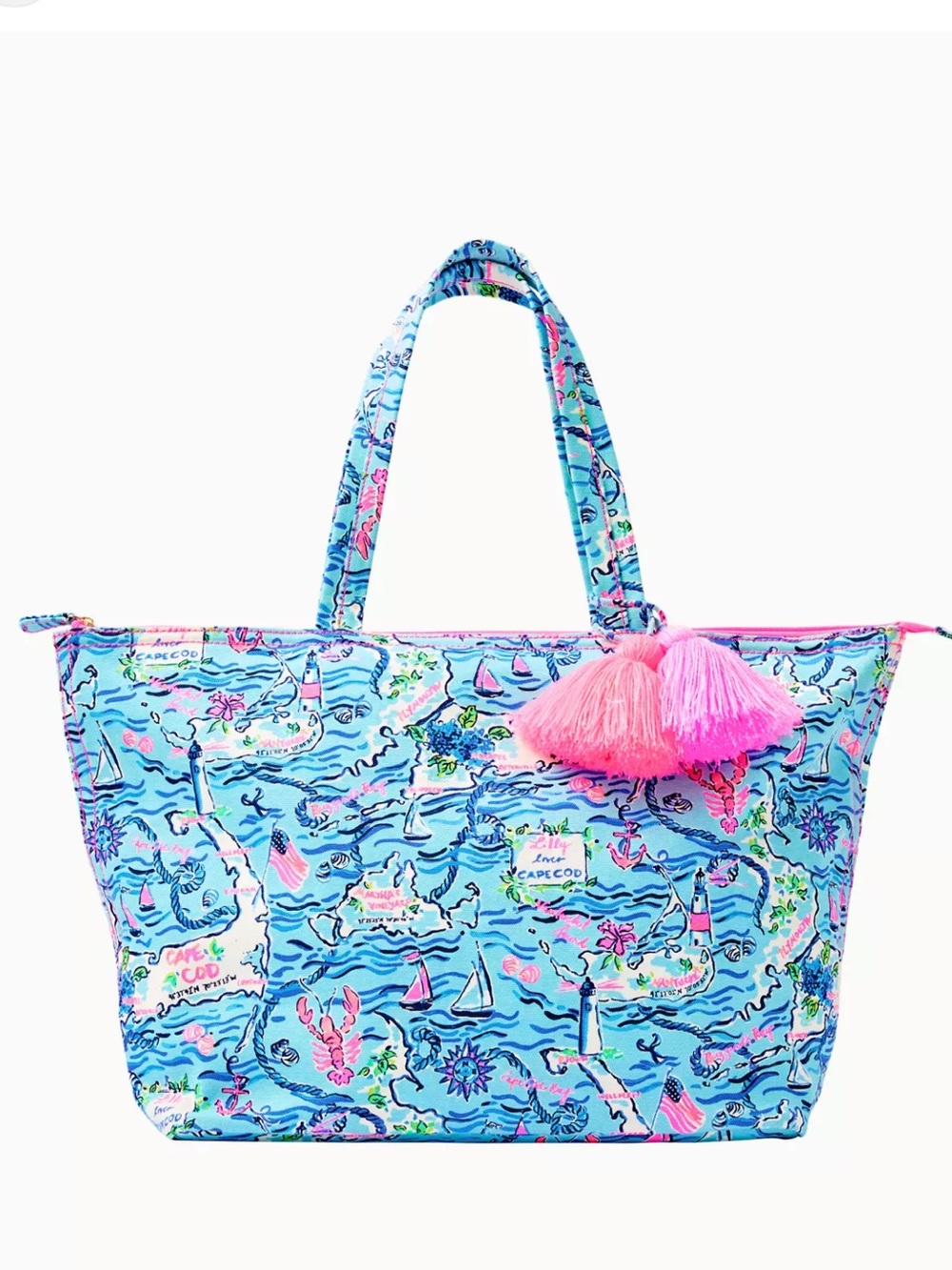 Lilly Pulitzer Blue Nautical Print Tote with Pink Tassels